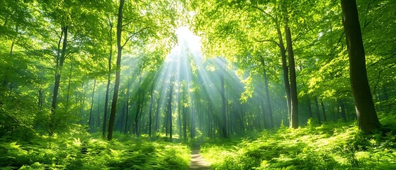 Obraz premium Sunbeams in Lush Green Forest. (10)