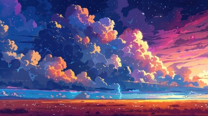 Colorful, dramatic sunset over a vast field, with vibrant clouds and lightning