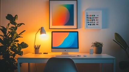 Cozy Home Office Setup with Warm Lighting and Art suitable for marketing material