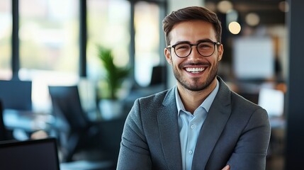 Fototapeta premium Portrait of a smiling man in a suit and glasses in an office setting with blurred background