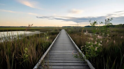 Obraz premium Rustic wooden boardwalk through a wetland, surrounded by wildflowers and grasses, leading to a tranquil body of water under a soft cloudy sky.