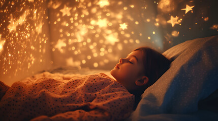 A child sleeping peacefully with glowing stars projected on the ceiling.
