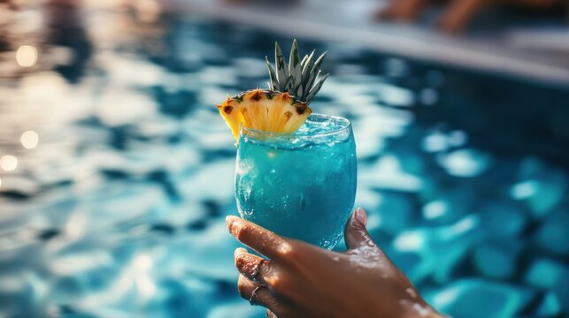 Vibrant Blue Cocktail Elegantly Held by a Woman&rsquo;s Hand in a Luxurious Poolside Setting &ndash; A Perfect Symbol of Relaxation, Summer Bliss, and Tropical Getaways. Summer advertisement concept