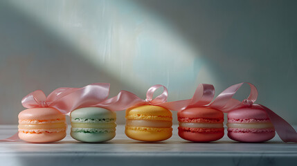 A selection of colorful French macarons displayed in a luxury bakery window tied with satin ribbons.