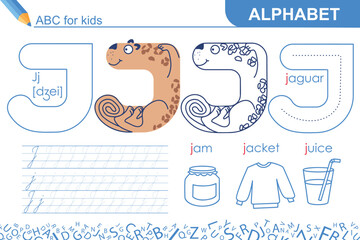 Letter J. Alphabet. Fun ABC for kids. Learning English. Jaguar. Writing practice and coloring task page. Worksheet for school or home. Sketch vector illustration
