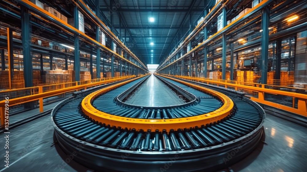 Poster A modern warehouse features extensive conveyor systems designed for logistics and distribution. The focus is on inventory management and streamlined operations, ensuring efficient cargo movement.