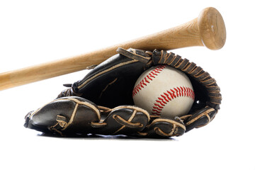 Baseball equipment including a leather glove, a ball and a wooden bat