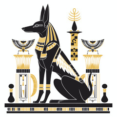 Stylized black and gold graphic illustration of Anubis, the ancient Egyptian jackal-headed god, on a white background. Minimalist mythological artwork with symbolic cultural and spiritual meaning.
