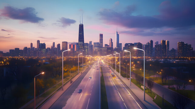 A city skyline with kinetic energy streetlights powered by pedestrian movement.