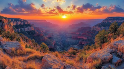 Majestic view of the Grand Canyon at sunrise, with vibrant colors, dramatic clouds, and towering canyon walls. 