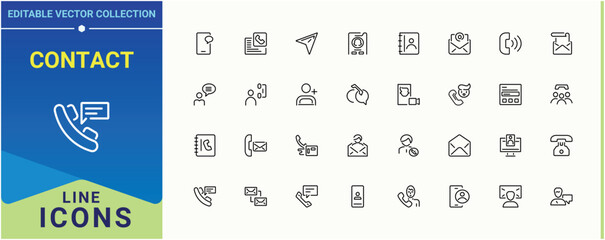 Contact icon set. Featuring info, phone, chat, address, call, message, email and more. Contact Us related icon set. Thin linear style icons. Editable stroke. Vector illustration.