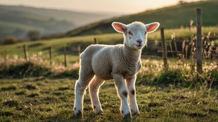 Fototapeta premium White woolly sheep graze in the green spring meadow