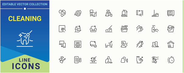 Cleaning related icon set. Contains such symbols as wash, bin, washer, household and more. Maintenance icon collection. Minimalist linear icons. Art and illustration.