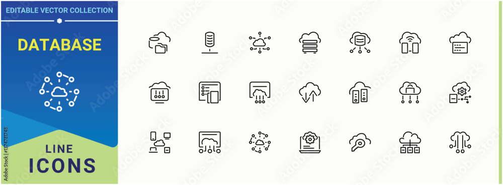 Poster database icon set. containing network, networking, server, computing, hosting, tech, cloud and more.