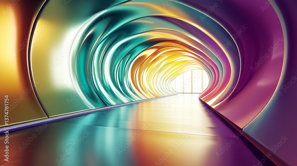 Poster abstract image of a colorful tunnel with smooth, curved walls in teal, gold, and purple hues, creati