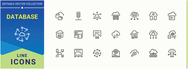 Database icon set. Containing network, networking, server, computing, hosting, tech, cloud and more. Cloud Server icon. Simple line vector icons. Editable stroke collections.
