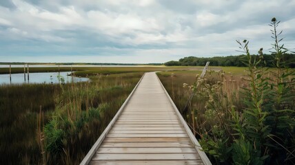 Fototapeta premium Wooden boardwalk leading through a marshland, surrounded by tall grasses and wildflowers, with wooden posts in a cloudy landscape.