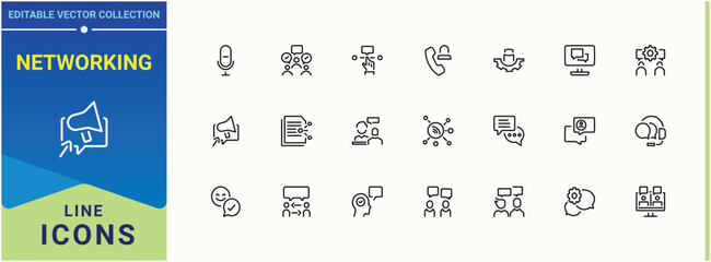 Networking related icon. Contain linear symbols chat, contact, phone, address, call and more. Communication icon collection. Icons for UI designs. Editable stroke. Vector illustration.