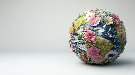 A modern Earth globe made of vibrant flowers symbolizes the harmony between nature and the world. It represents environmental sustainability, global unity, and the beauty of ecological balance.

