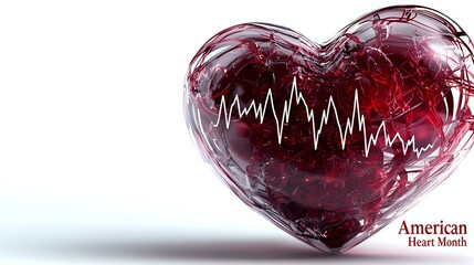 Red glass heart with electrocardiogram pulse trace glowing white against light background, symbolic health visualization for cardiology and medical concepts.