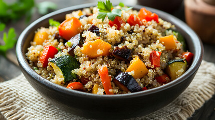 A comforting warm quinoa and roasted vegetable salad with balsamic dressing.