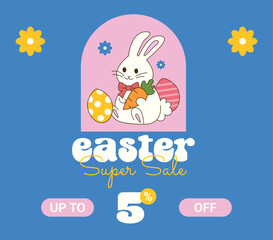 Happy Easter sale 5% off. Five Percent OFF Super Sale. Happy Easter Vector with Bunny, Colorful Easter Eggs, Flowers. Illustration.