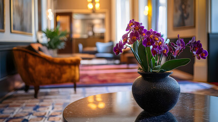 A stylish boutique hotel lobby with artistic decor and plush seating.