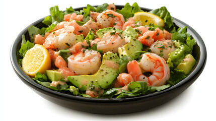A creamy avocado and shrimp salad with mixed greens and citrus dressing.