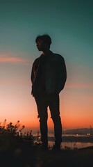 Fototapeta premium Dramatic silhouette of young Asian male standing against vibrant sunset sky with gradient teal and orange colors, creating moody atmospheric scene at dusk.