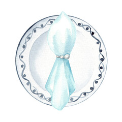 Watercolor illustration of white ceramic plate with blue cloth napkin. Elegant table setting for holidays and formal banquets. Wedding deco