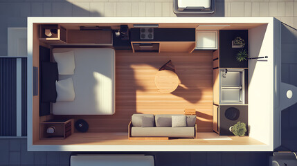 A top-down 3D rendering of a stylish tiny home showcasing an optimized space with multifunctional furniture and sleek storage solutions.
