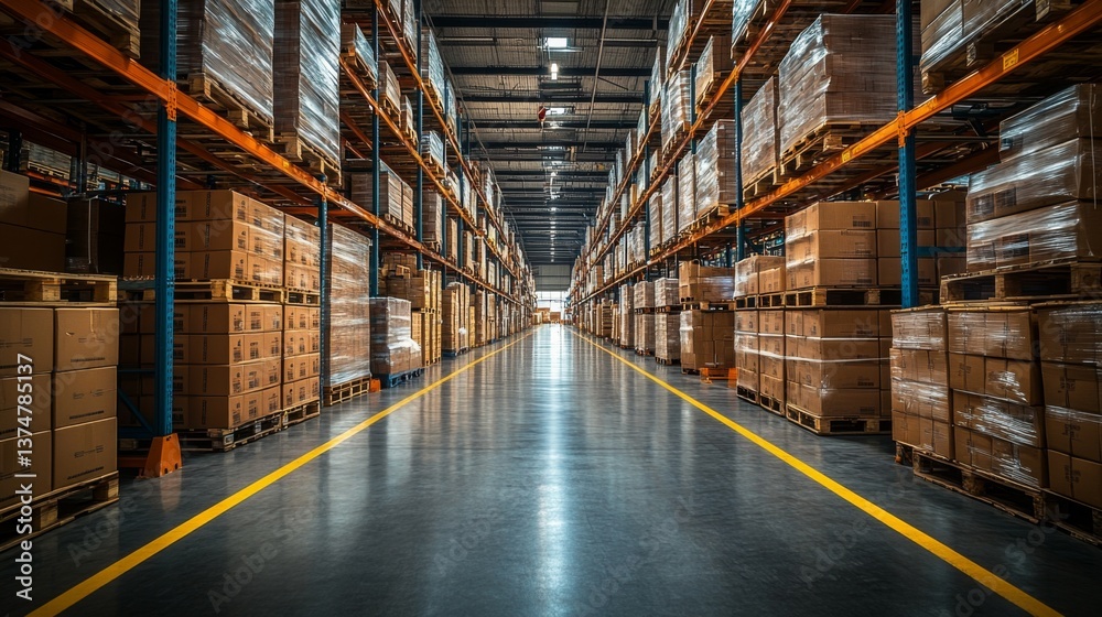 Poster long aisles of neatly stacked boxes fill a spacious warehouse dedicated to logistics and distributio