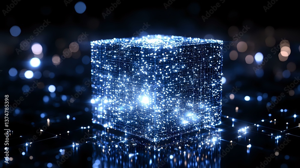 Poster glowing blue cube with sparkles and light particles floating in dark space creates magical atmospher