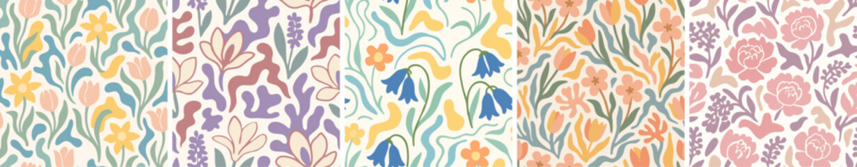Obraz premium Spring floral seamless pattern bundle with tulips, bluebells, and vintage botanical shapes 