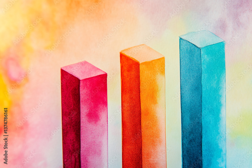 Aufkleber Three colorful rectangular columns against a watercolor background, representing growth, progress, or data visualization.  Showcase potential for infographic design.