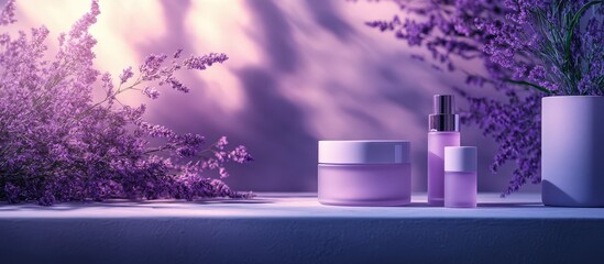 Lavender Composition: Purple-Toned Cosmetic Products Among Lavender Blossoms on a Soft Purple Background