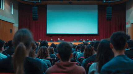 A university lecture hall seen from the professors perspective showing students and a large projector screen.