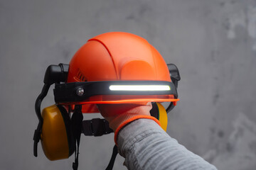 A construction worker hand in an orange glove holds an orange hard hat with a headlamp and ear protection. Concept safety and professionalism on a worksite.