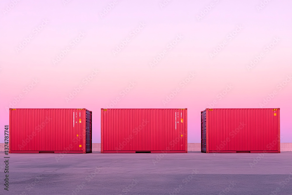 Poster Three red shipping containers sit on a concrete surface against a pink sky, creating a minimalist industrial scene suitable for banner or background use