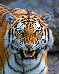 Fototapeta premium A majestic tiger stands with bared teeth, showcasing its strength and beauty against a backdrop of vibrant greenery, illuminated by the warm glow of the fading sun.