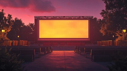 A vintage outdoor movie theater with a vibrant sunset sky, offering a nostalgic cinematic experience in a scenic environment.