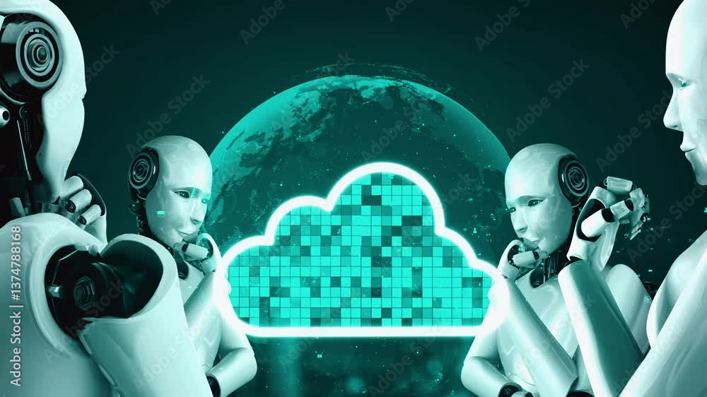 Poster ai robot huminoid uses cloud computing technology to store data on online server . futuristic concep