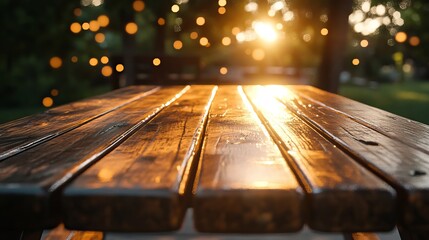 Warm Golden Sunset Light on Rustic Wooden Table Outdoor Summer Picnic Background Texture day top dark view mood brown image photo scene bokeh night   