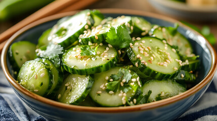 A fresh Asian cucumber salad with sesame seeds and a soy ginger dressing.