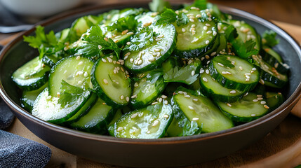 A fresh Asian cucumber salad with sesame seeds and a soy ginger dressing.