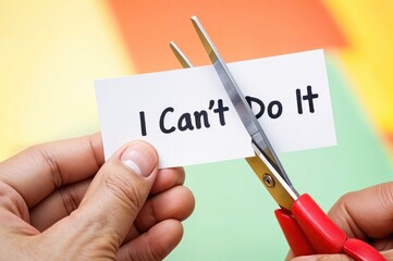 Scissors slice through a paper that expresses a challenging sentiment, symbolizing the act of overcoming barriers in a colorful, cheerful environment.