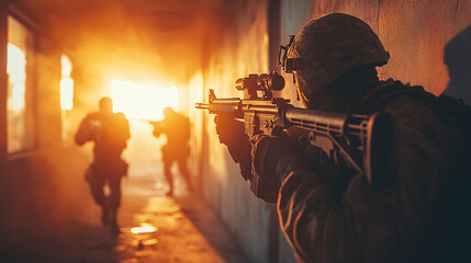Fototapeta premium A group of SWAT team members, dressed in tactical gear, advance with rifles in a modern corridor, exuding strength, determination, and readiness for action in high-stakes environments
