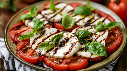 A fresh Caprese salad with sliced mozzarella tomatoes and basil.