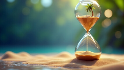 Hourglass near the beach with sand cascading down with a tropical tree in the top section, representing vacation time and travel, background with copy space