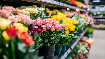 A fresh flower section in a supermarket with colorful bouquets on display.
